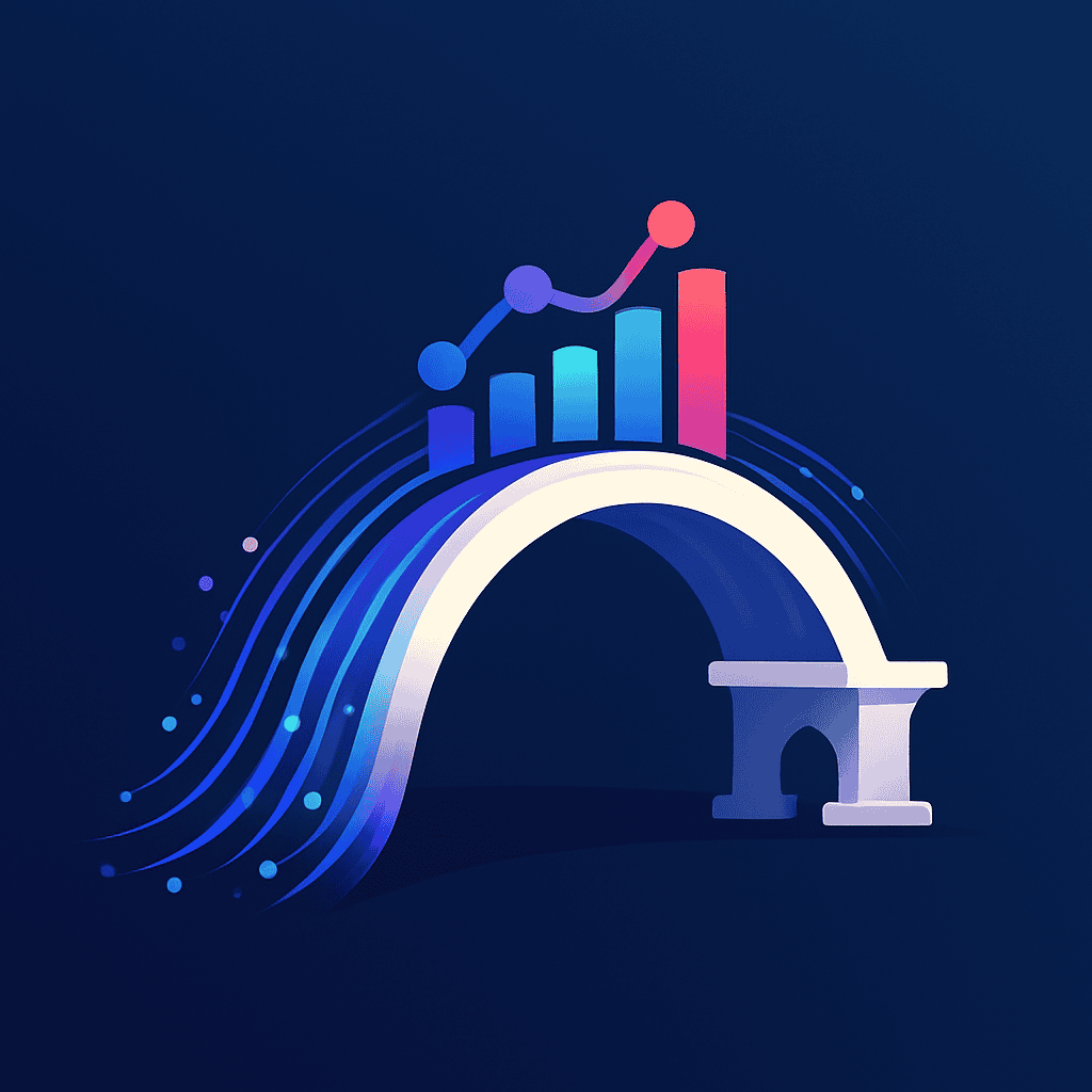 Illustration of a bridge with flowing data lines and bar chart